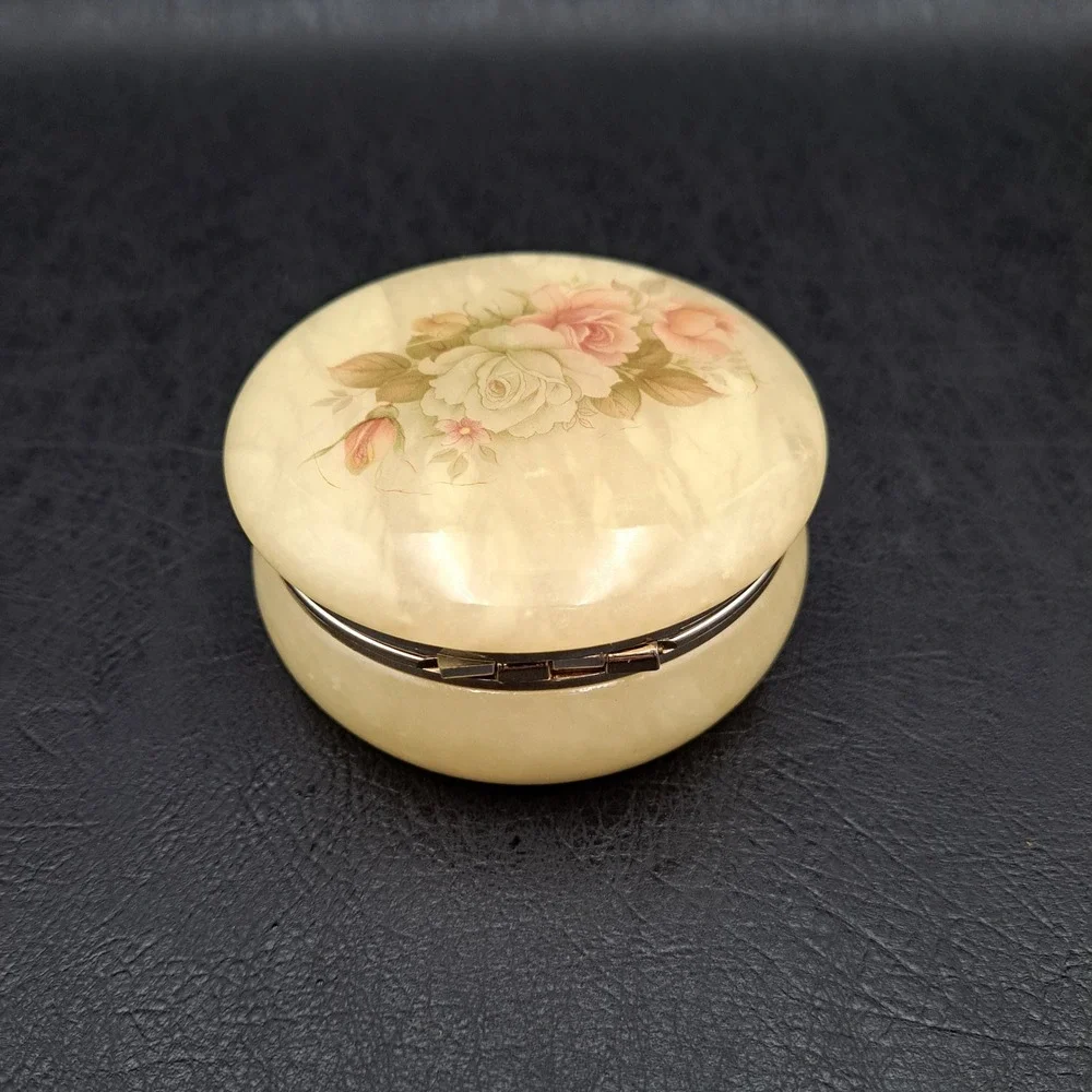 Vintage Alabaster Trinket Box Round Hinged Floral Rose Decal Cream Stone Italy